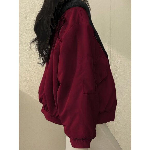 Women's Winter Coats Puffer Long Sleeve Oversized Full Zipper Warm Jackets Red - Picture 5 of 6